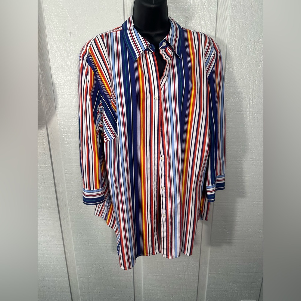 LRL Ralph Lauren Women’s Blue Red Stripe 3/4 Sleeve Button Down Top Size 3XL EUC